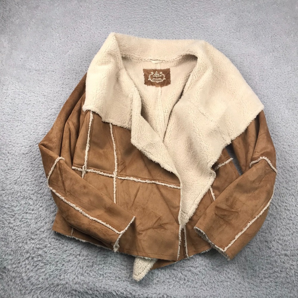 PrAna Townie Jacket Womens L Brown Faux Suede Sherpa Lined Waterfall Open Shawl